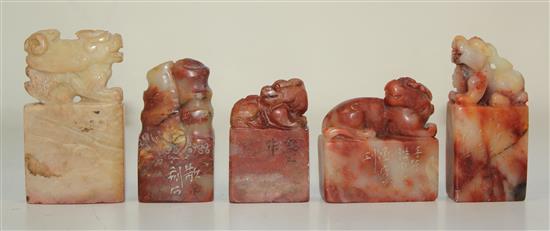 Five Chinese Shoushan stone seals, height 4.7 to 6.6cm